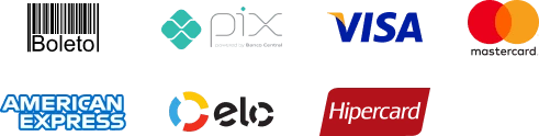 Formas de pagamento aceitas: Boleto, Pix, Visa, Mastercard, American Express, Elo e Hipercard