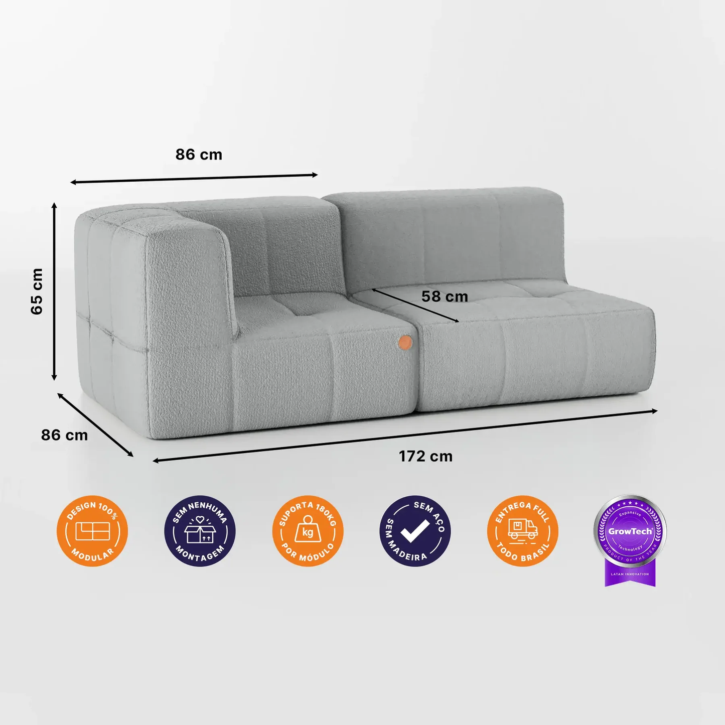 Sofá na Caixa modular 2 lugares em Boucle - 1 Braço - Cinza