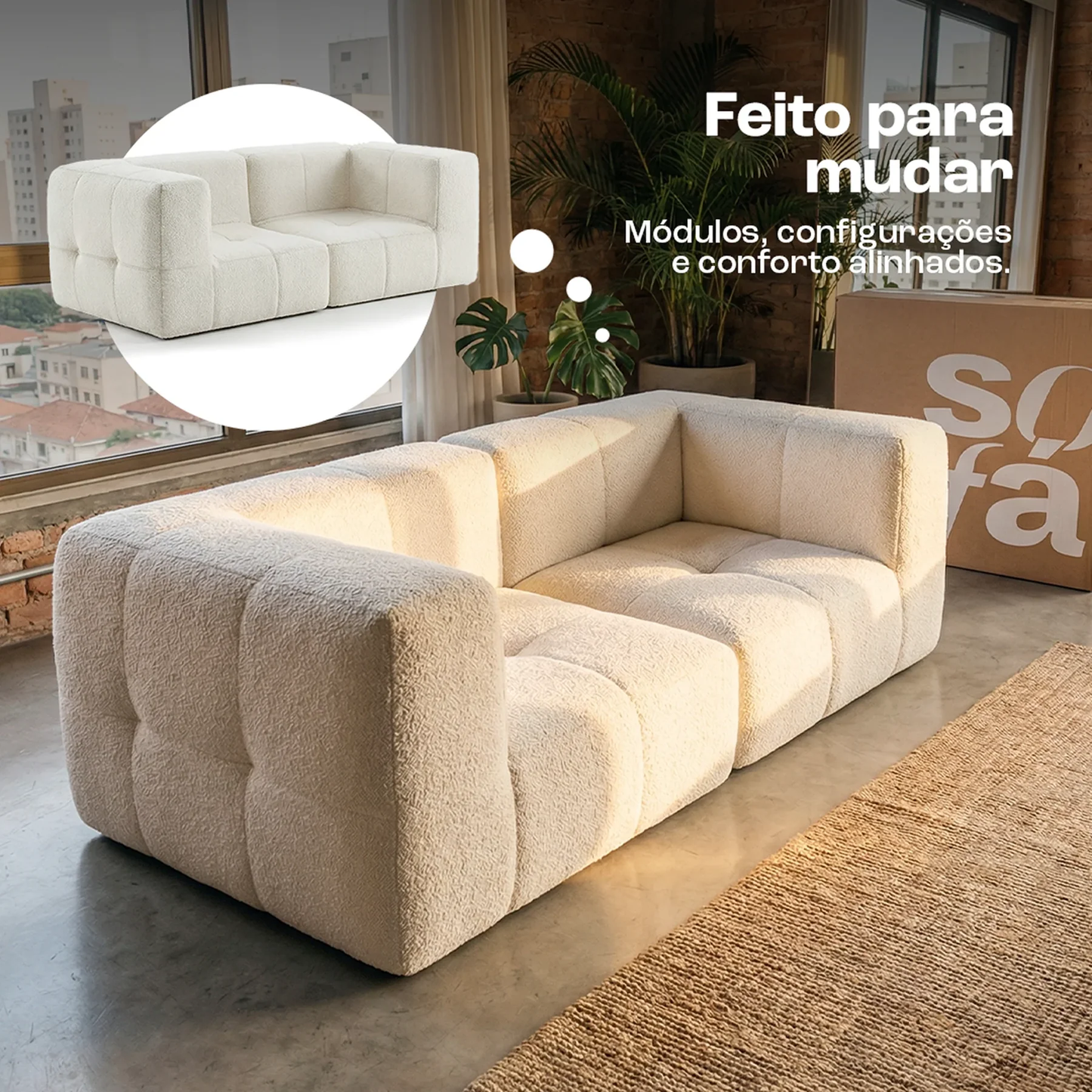 Sofá na Caixa modular 2 lugares em Boucle - Linho