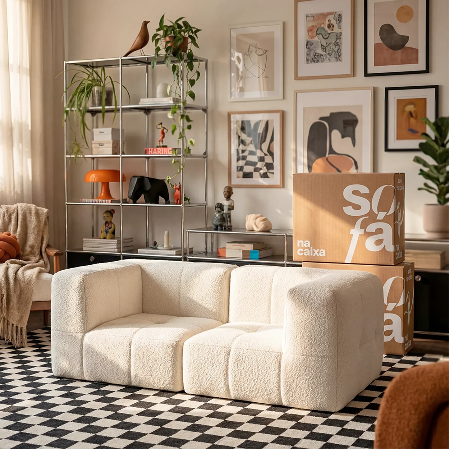 Sofá na Caixa modular 2 lugares em Boucle - Linho