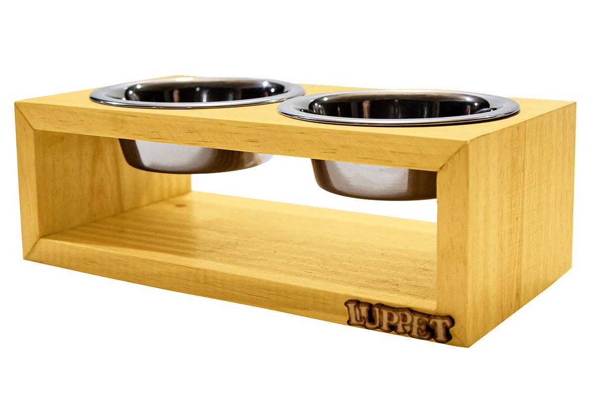 Comedouro Duplo De Madeira Personalizado Com Potes Inox Para Gatos E Cachorros C