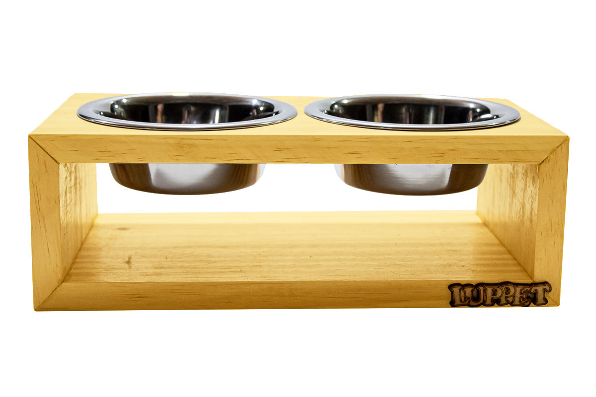Comedouro Duplo De Madeira Personalizado Com Potes Inox Para Gatos E Cachorros C